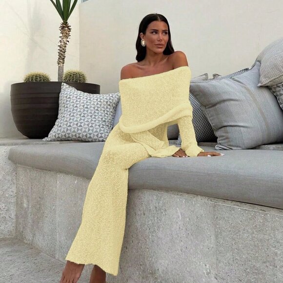 Light Yellow Elegant Women's Sexy Beach Vacation Off shoulder maxi Dress - Picture 10 of 10